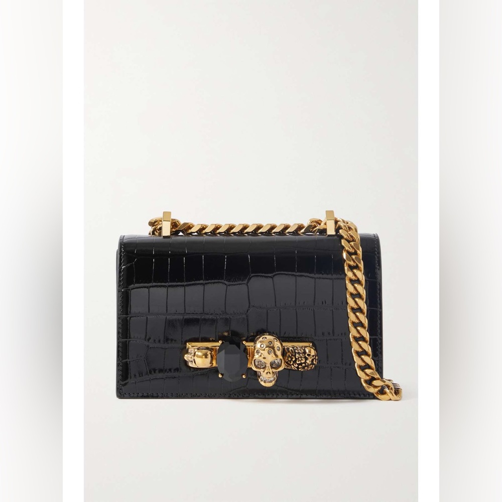 Alexander McQueen Croc-Embossed Leather Satchel in Black with Gold Hardware